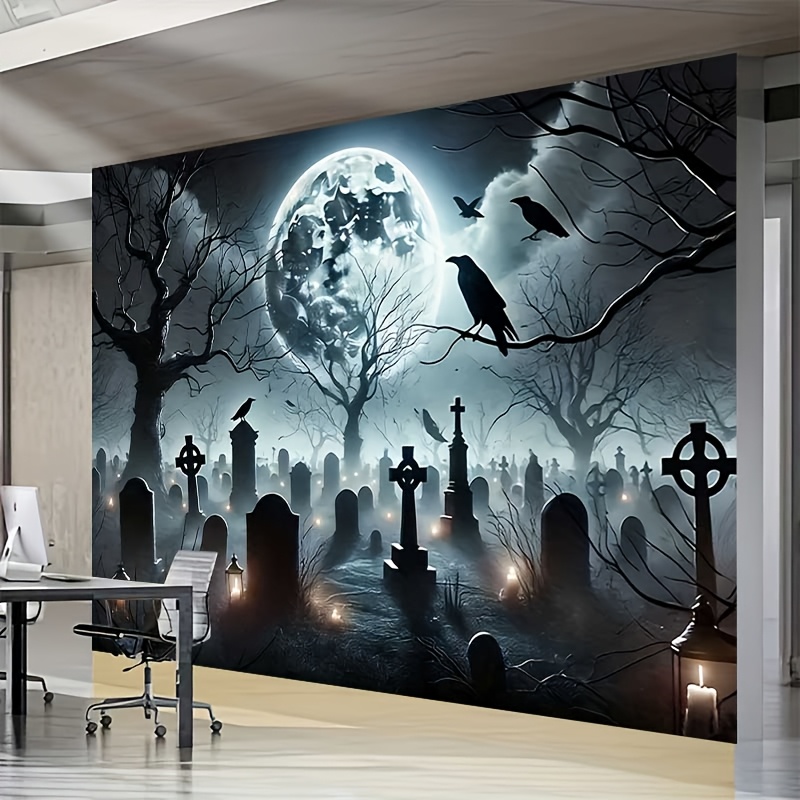 item picture 2d flat 2d flat 2d flat 2d flat 2d flat 1pc halloween night scene featuring     glowing candles and silhouetted   durable polyester fabric no electricity needed ideal for   decor and spooky photo booths