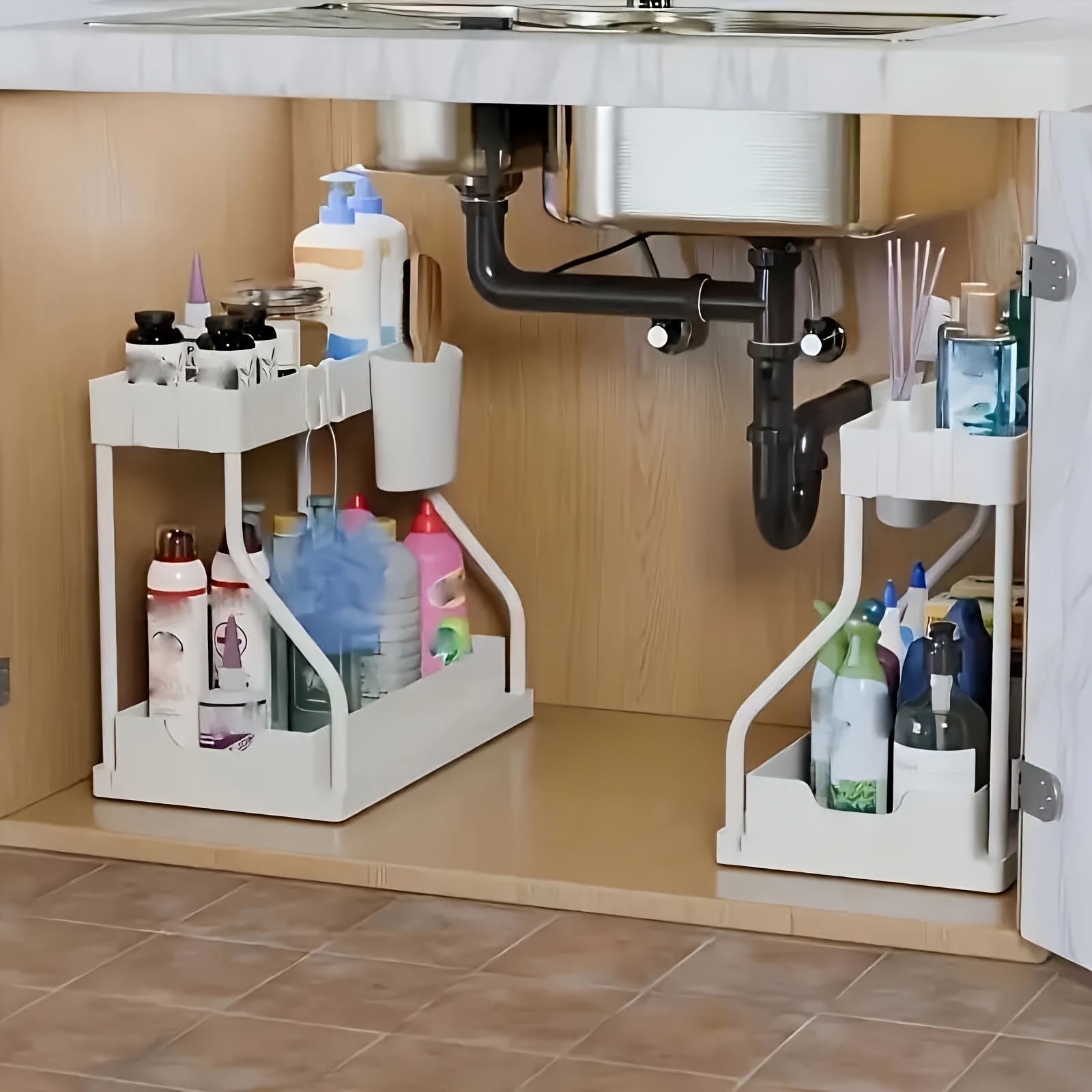 2-Pack Under Sink Organizer with Sliding Shelves, Black and White Plastic Storage Baskets for Bathroom and Kitchen Cabinets