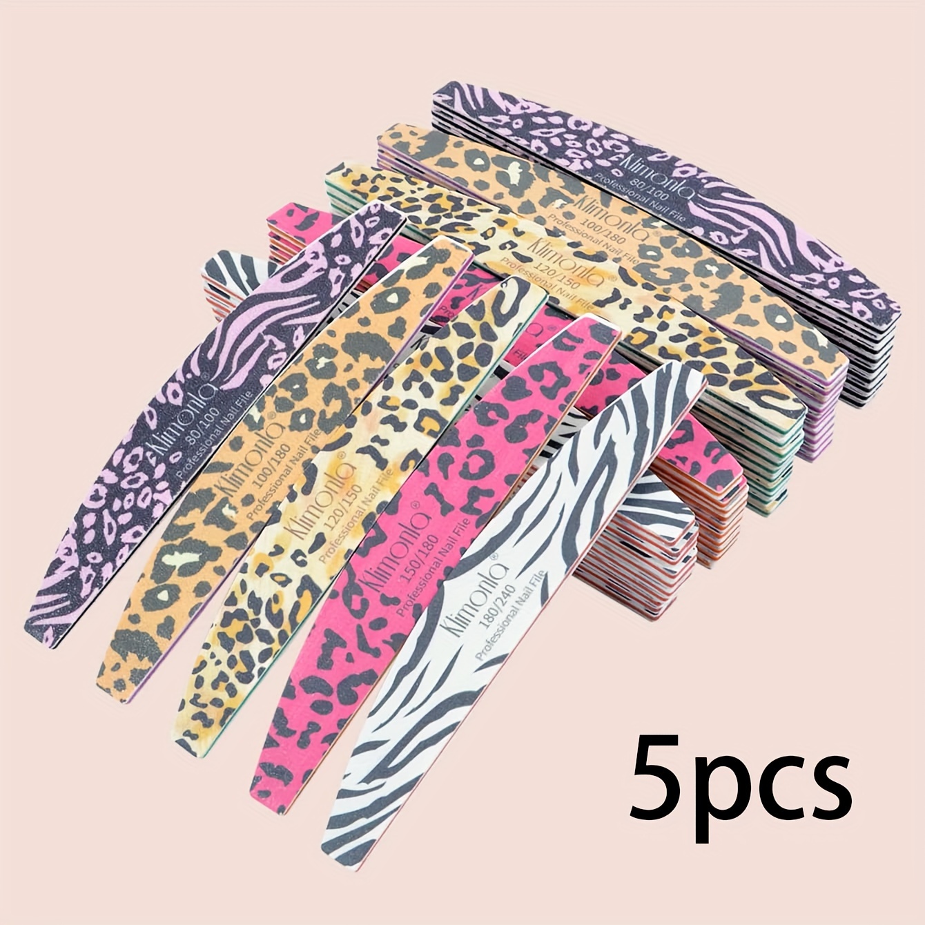 Image of 5pcs Leopard Print Half Moon Nail Files, 80 To 240 Grit, Professional Manicure Tools For Fake Nails, Nail Care Accessories, Fragrance-free