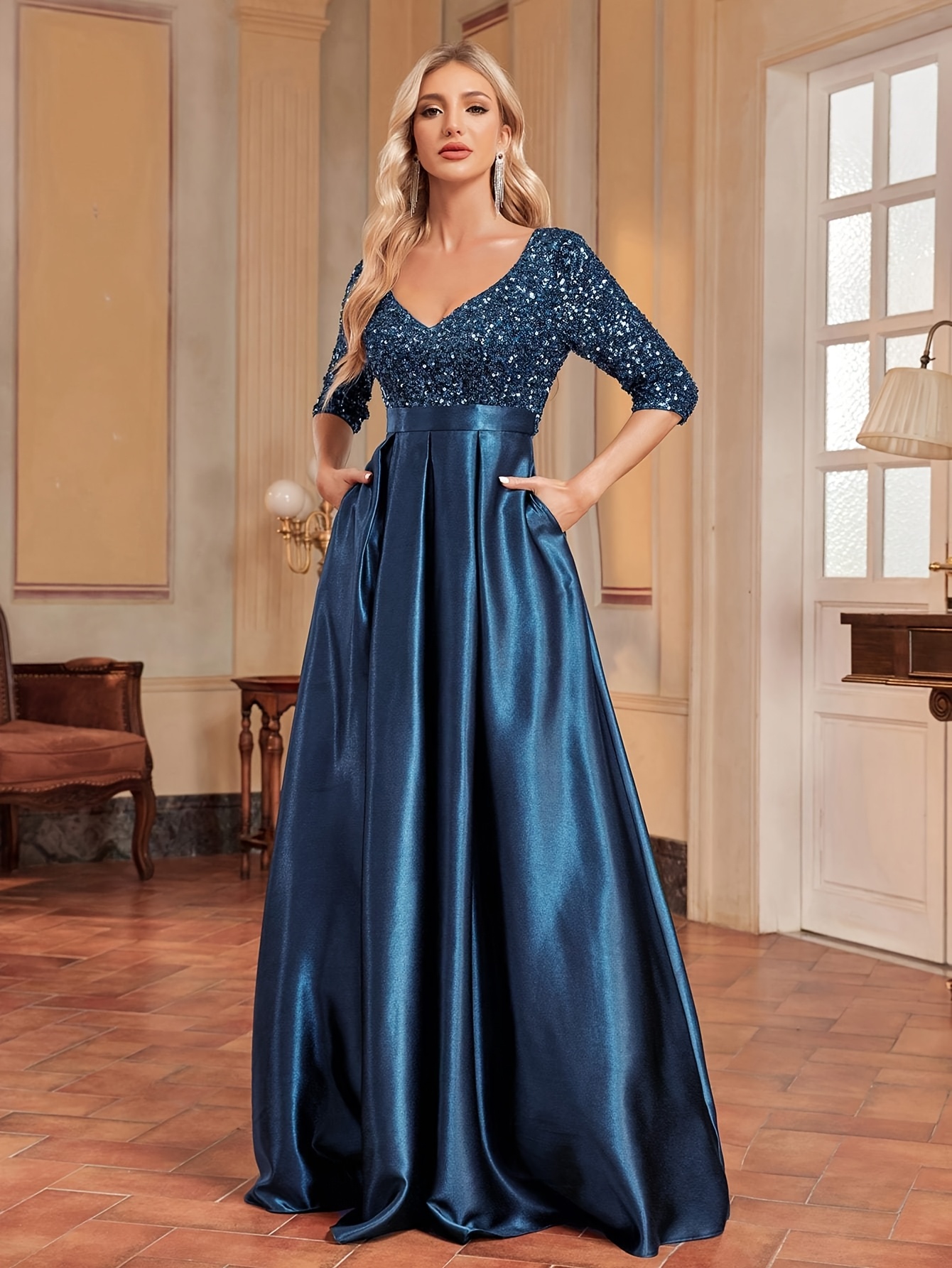 elegant womens v neck long sleeve sequin gown fit flare Temu