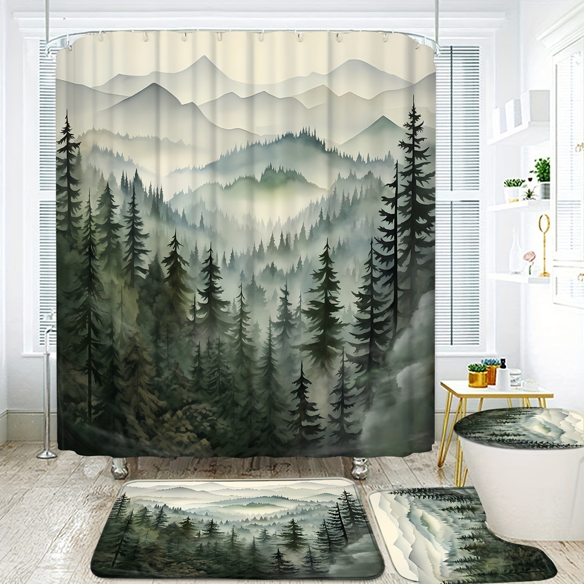 

1/4pcs Misty Forest Mountain Pattern Shower Curtain Set With Hooks, Waterproof Shower Curtain, Toilet Cover Mat, Non-slip Bathroom Rug, U-shaped Bath Mat, Bathroom Accessories, Home Decor