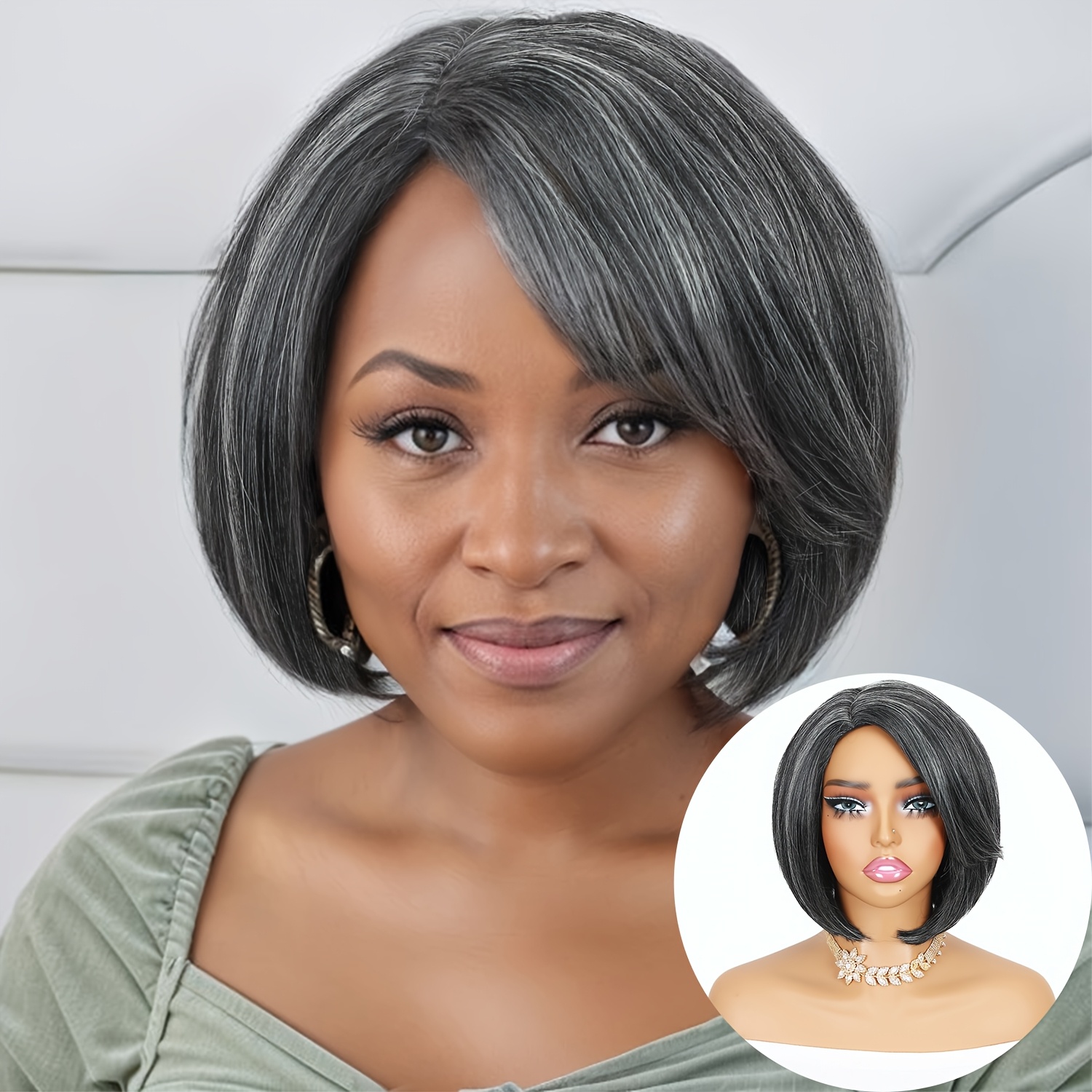 

Elegant Layered Gray Bob Wig For Women - Short, Straight Cut With | High-density Synthetic Hair | & Stylish, Inverted Bob, Daily Use