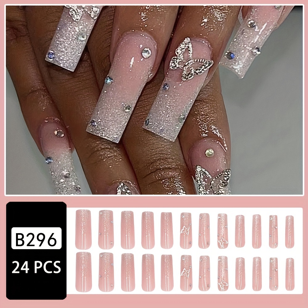 Image of Enhance Your Beauty 24pcs Long Water Pipe Nail Drill And Elegant Silvery Rhinestone Glossy Finish False Nails, Fashionable And Versatile Press-on Nails Suitable For Women And, Waterproof And Removable