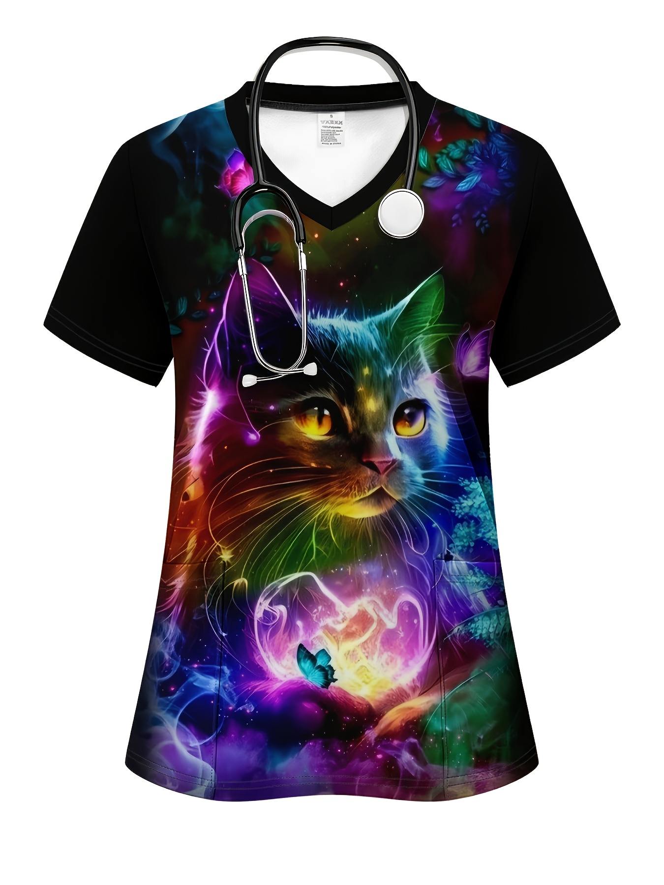 Women s Psychedelic Cat &   Print V-Neck T-Shirt - Stretchy Loose-Fit Short Sleeve Top with Pocket,   & Neon Colors, Casual & Themed Events, Machine Washable   Shirt, Everyday Outfit, Weekend Style, Loose Fit Tee, Breathable Fabric,  , Printed Blouse, Festival  , Women