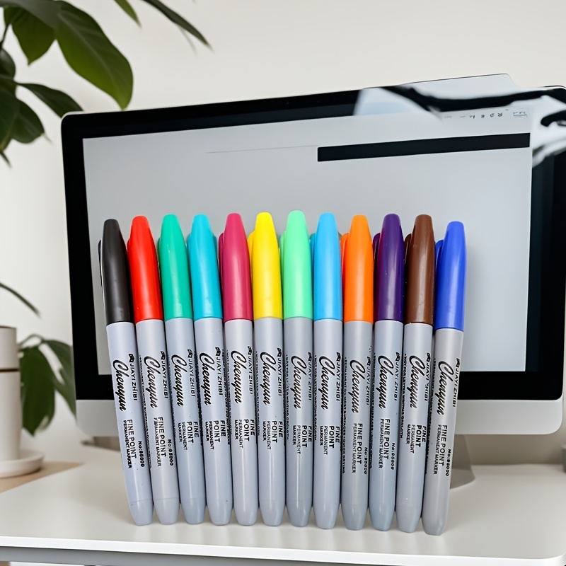 

12 Color Fine Tip Permanent Marker Set For Office, Classroom And Home, Quick Dry Non-toxic Ink - Plastic Material (random Colors)