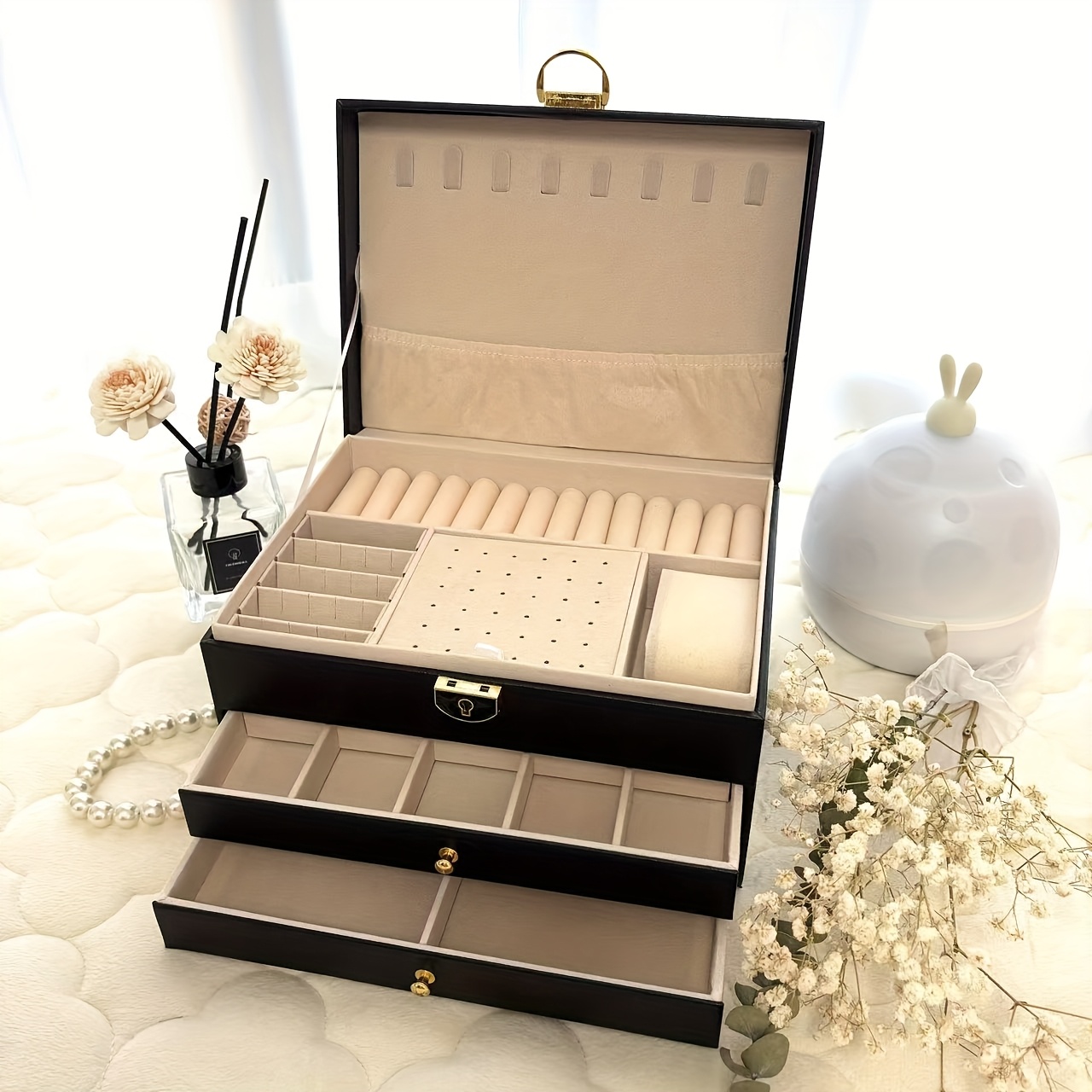   box organizer elegant   tier storage case with key lock closure soft fabric lined compartments for necklaces earrings bracelets rings perfect gift for women home   use durable construction jewelry organizer storage jewelry boxes Product details 1