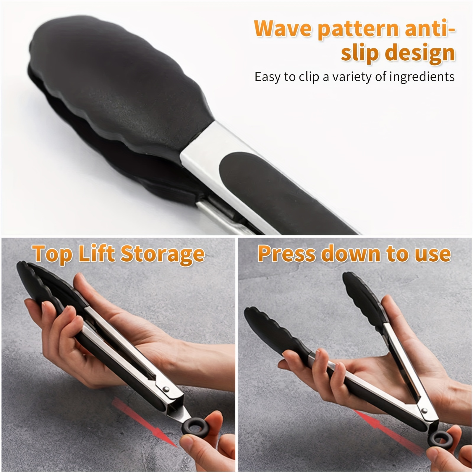 stainless steel heat resistant   tongs for cooking with silicone tips 8 inch 11 inch 13 inch black and red food clips with pull lock non scratch silicone tip for air fryer and nonstick cooking pans details 8