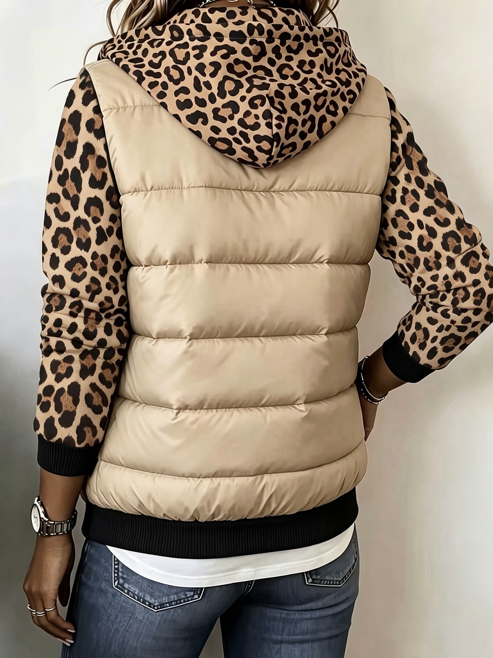 veste à capuche dautomne-hiver tendance, polyvalente et décontractée, avec imprimé léopard   et couleurs contrastées, manches longues côtelées de couleur contrastée avec poches,  , épaisse et chaude, veste pour femmes