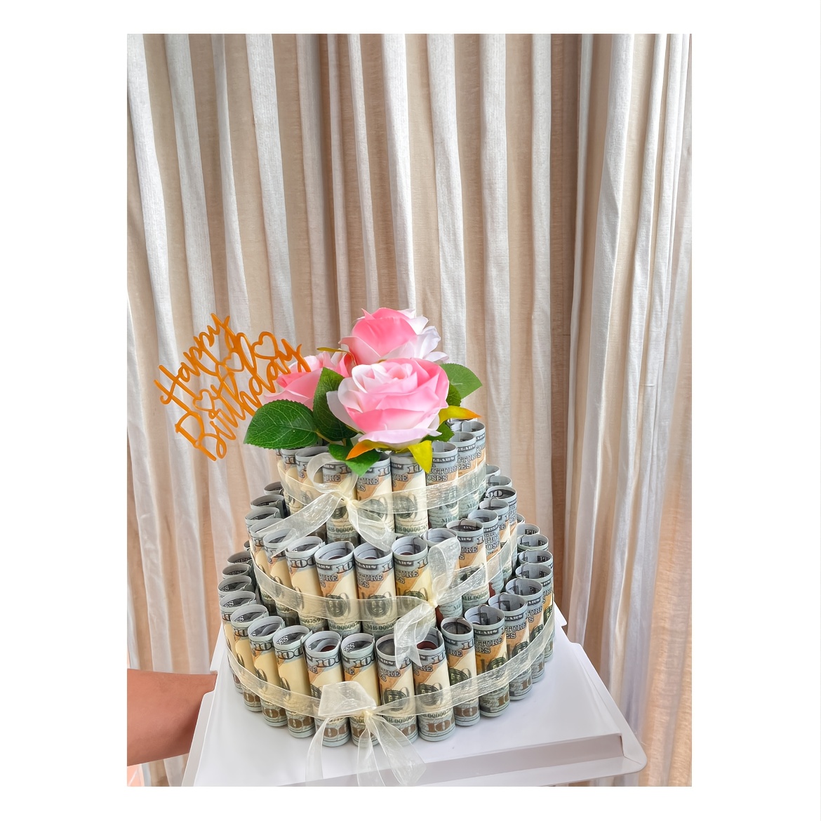 DIY 3-Tier Cash Cake Gift Box/Transparent Plastic with Golden Ribbon & Floral Design/Fun Birthday Present for Her/Includes Gift Tag/Perfect for Special Occasions/Birthday Gift Box/Celebration Accessory/Elegant Presentation/Decorative Ribbon Accent