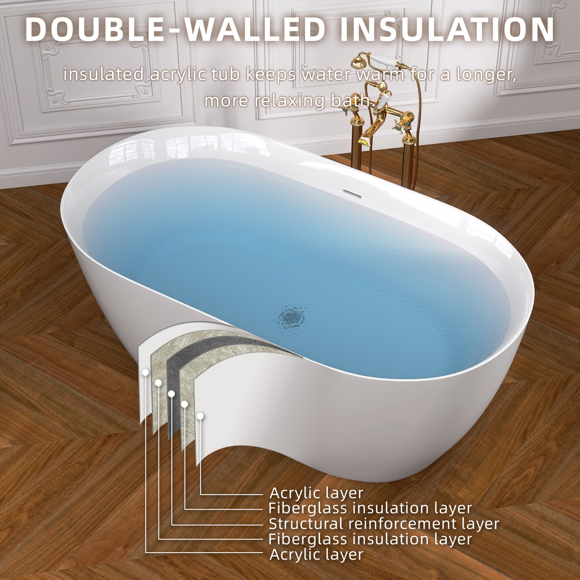 Acrylic Freestanding Bathtub Contemporary Soaking White Tub Temu