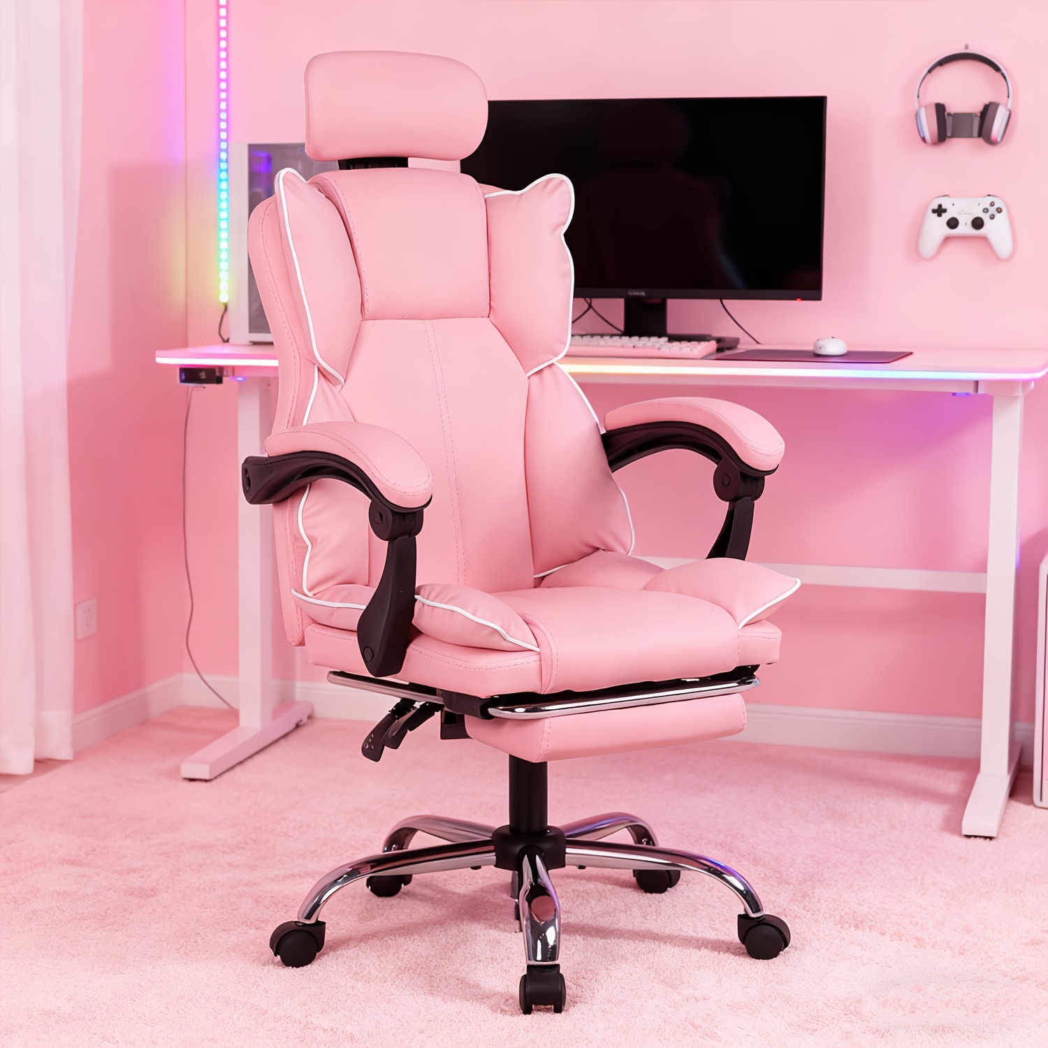 Image of This Ergonomic Office Chair Features A Footrest And Lumbar Support, A Reclining And Adjustable Backrest, Is Suitable For High- Use, And Can Rotate 360°. An For Home Or Office Use (pink//khaki)
