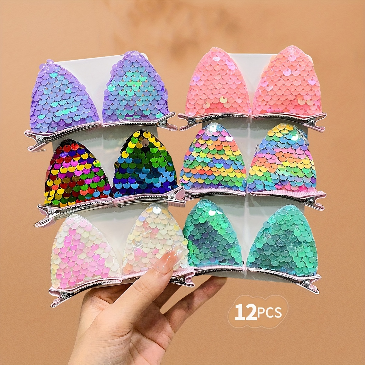 

[12pcs Sequin Cat Ear Hair Clips] 12-pack Cute Sequin Cat Ear Hair Clips, Polyester Fashion Accessories, Non-woven Pvc Material, Assorted Colors, Teen Hair Decor