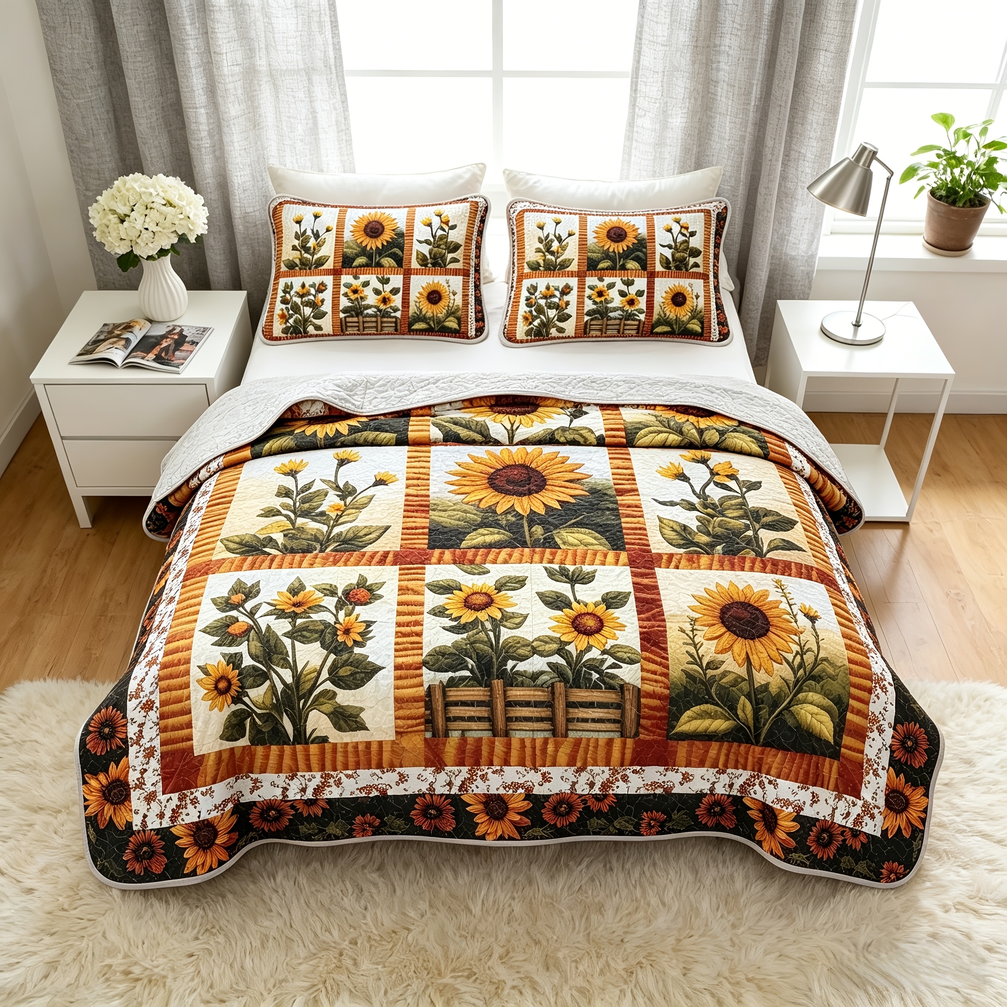 TEMU 3pcs Sunflower Bedspread With Pillow Shams - Quilted Coverlet Suitable For Queen/king Size Bed, Lightweight Bedding, Soft Breathable , Machine