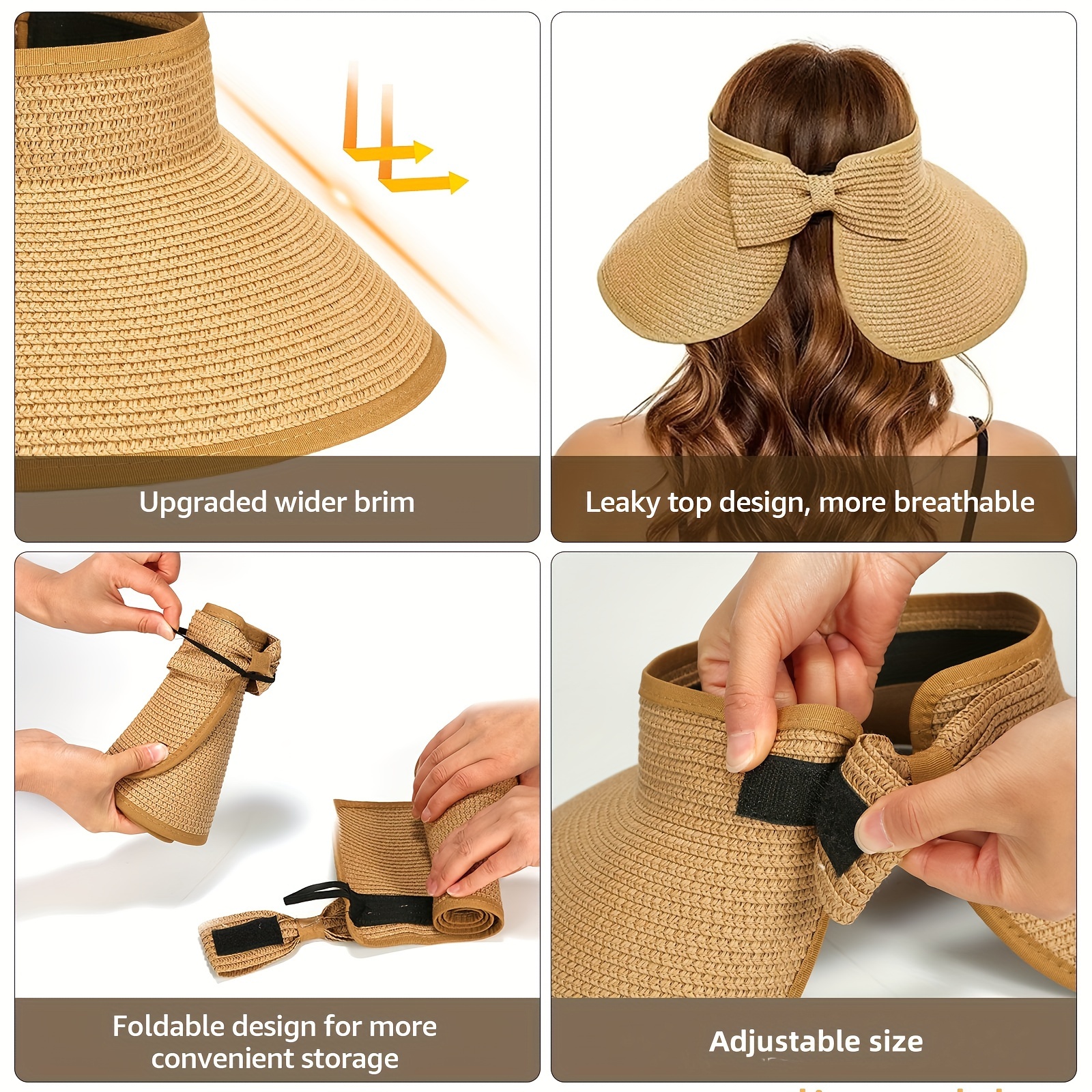 sun visor hats women wide brim straw roll ponytail hat - Temu display picture 1
