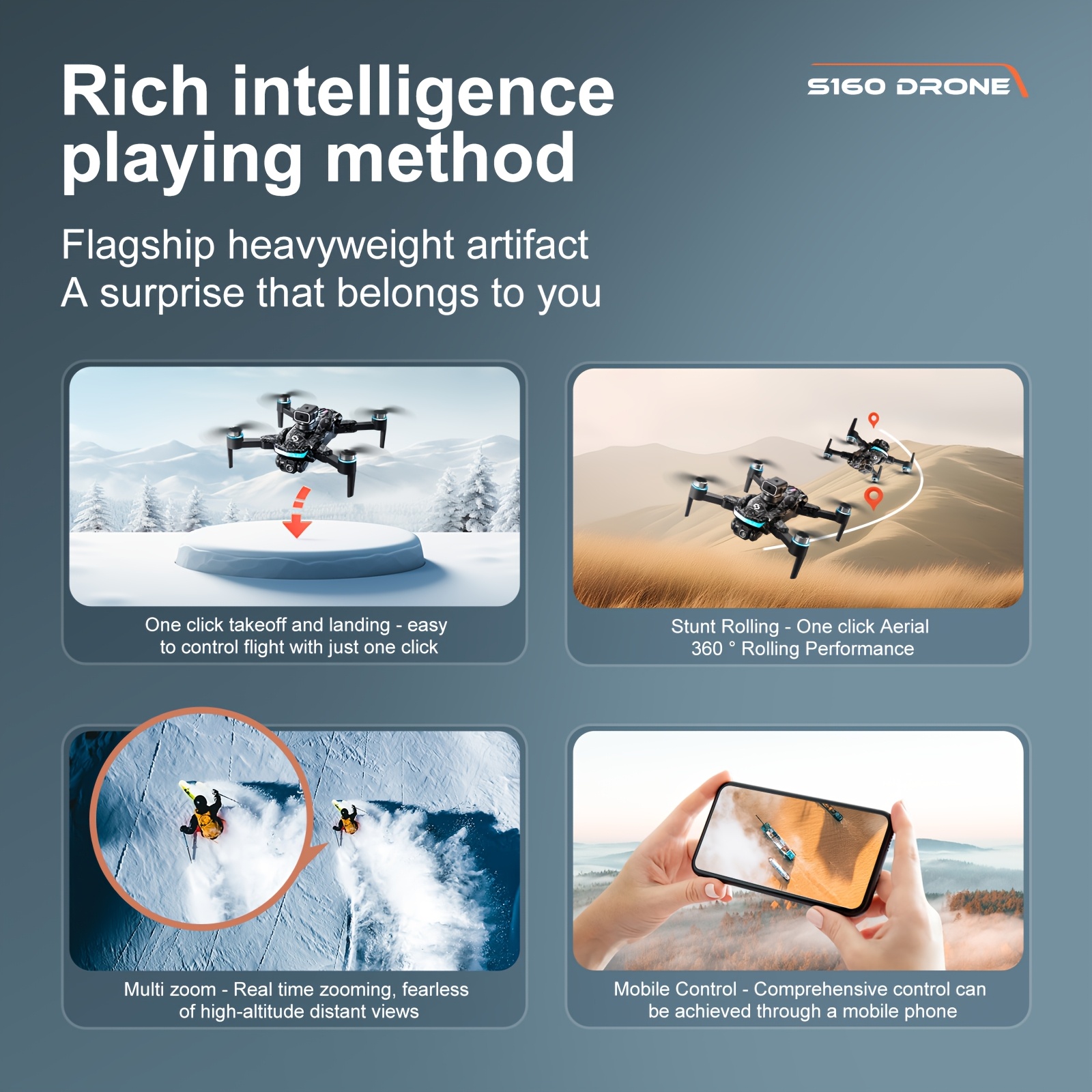 Drone S160 z Silnikiem Bezszczotkowym, Unikanie Przeszkód, Podwójna Kamera EIS & Optyczne Wznoszenie - Składany Quadcopter z em, Długi Czas Lotu, Łatwy w Obsłudze dla Początkujących i Dzieci, Idealny na Prezent Urodzinowy/Podróżniczy (Czarny/Niebieskie Akcenty) - FPV Wyścigi & Aerial Photography, Zewnętrzne Przygody, Elegancki Design, Stabilny Lot, Technologii dla Entuzjastów, Teleskopowa Kontrola, Bateria Polimerowa do Ładowania
