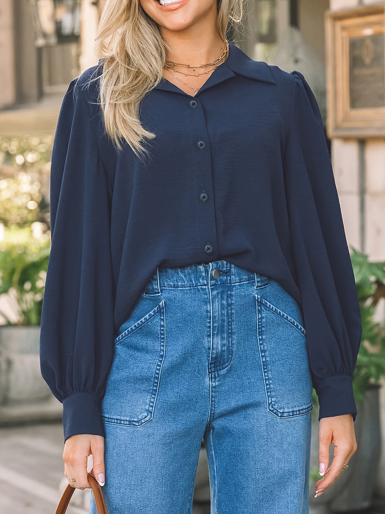 womens navy blue long sleeve puff sleeve button shirt solid Temu