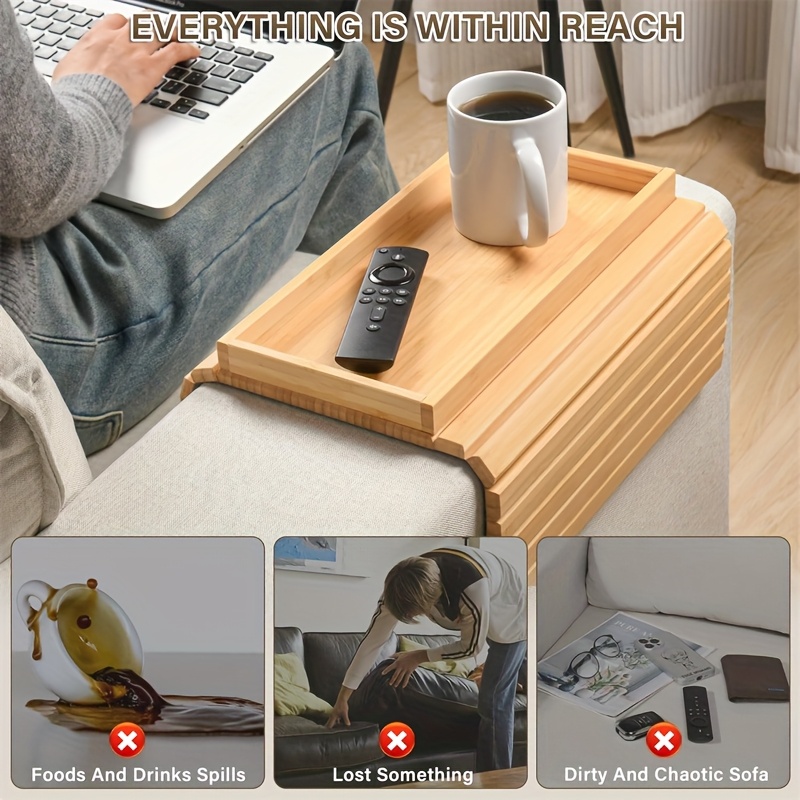 Sofa Arm Tray Bamboo Foldable, Anti-Slip Couch Table For Snacks