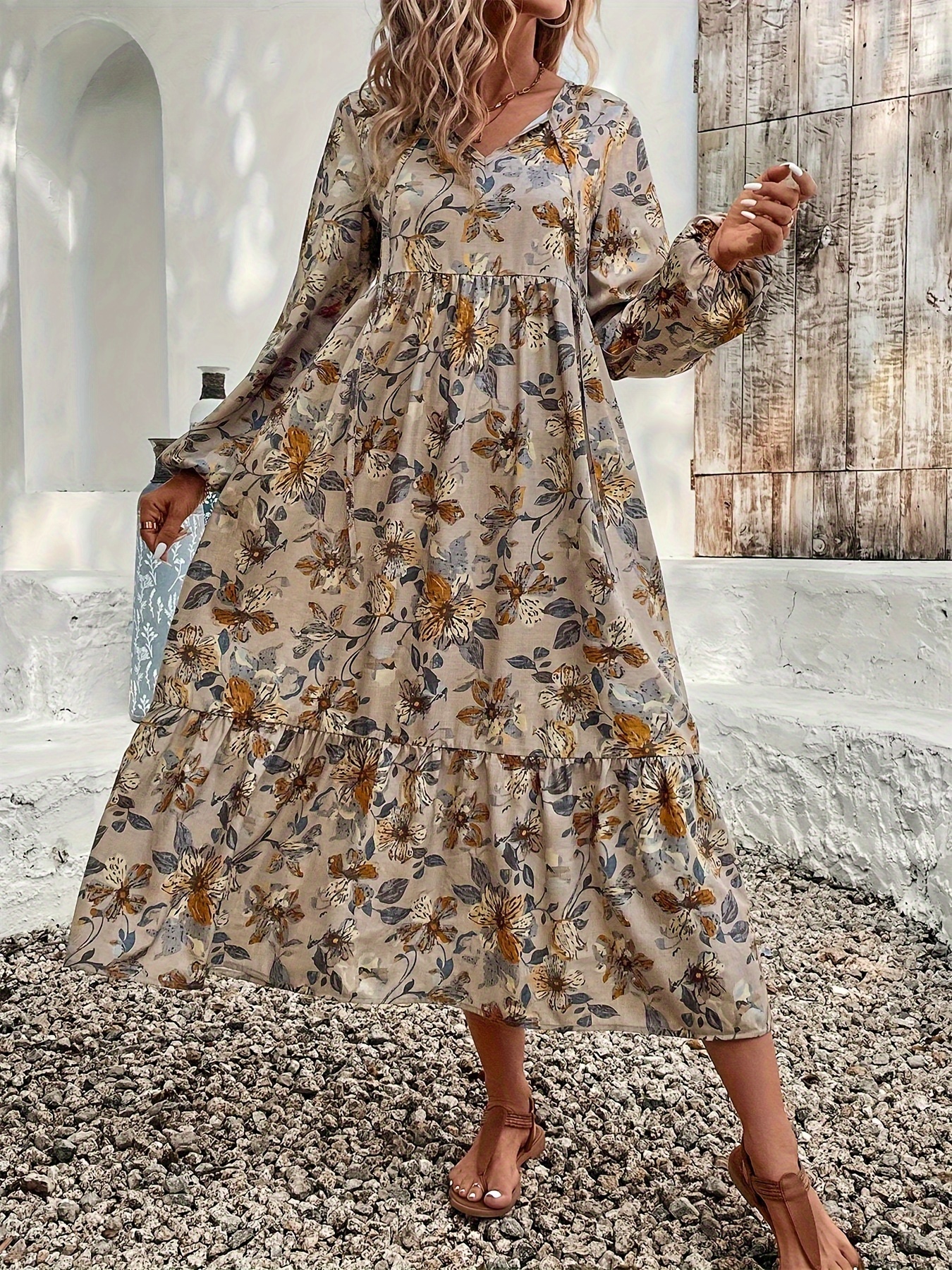 Floral Print Lace Up Ruffle Hem Dress, Casual Long Sleeve Dress for Spring & Fall, Dresses for Women, Womens Dresses, Women Dresses Elegant Classy,