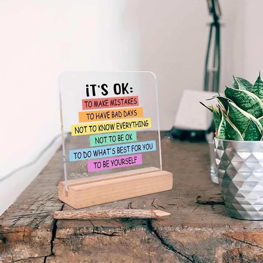 

Ok" Acrylic Desk Sign With Wood Stand - Inspirational Motivational Tabletop Decor, No Electricity Needed, For Home And Office Encouragement Gift - 1 Set Desk Decor Collectible Figurine