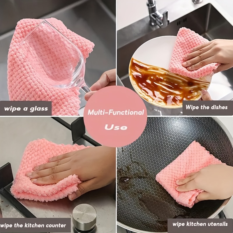 10 pack coral fleece pineapple grid dish towels non stick thick absorbent with hanging loop kitchen cleaning cloths hand towels details 4