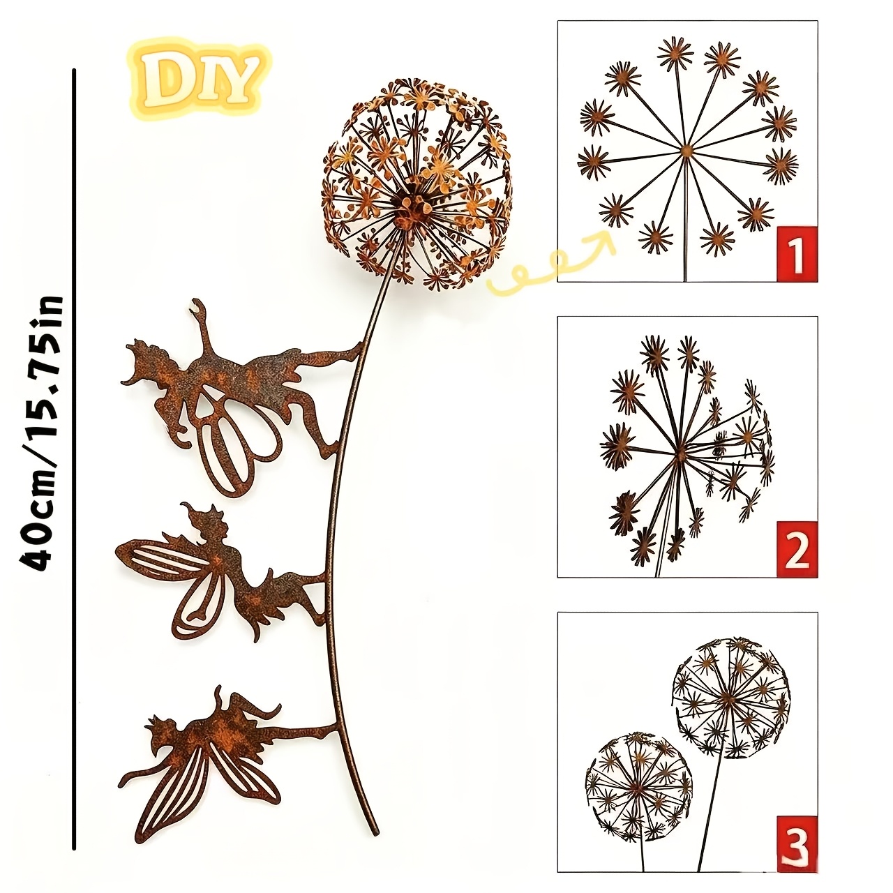 TEMU 【3d】 [3d] 1pc 3d, 3 Fairies Dancing On Dandelions, Embroidered Iron Garden Decorative Stake, Rustic Courtyard Art, Suitable For Garden Lawn