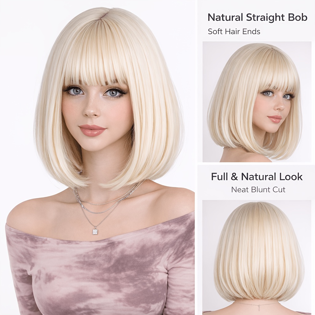TEMU Blonde Wig For Women – Straight Bob With Soft Hair Ends, Neat Blunt Cut, Short Layered Hair With Bangs For Daily Wear, Party, Cosplay, Heat