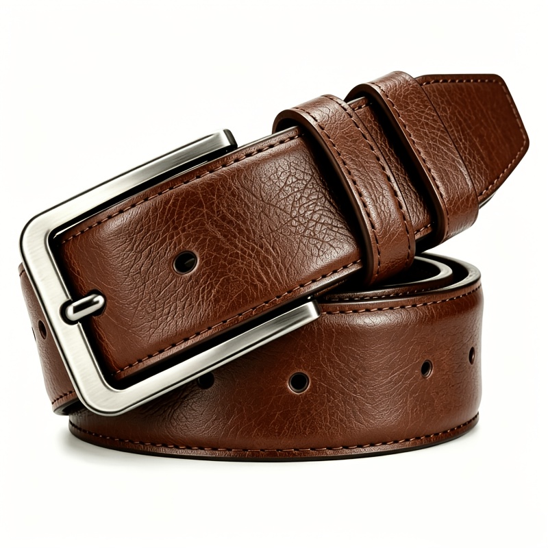 TEMU Men's Alloy Belt, Versatile Business Casual Trouser Belt, Convenient Adjustable Pin Design, Split Leather Strap With Delicate Texture And ,