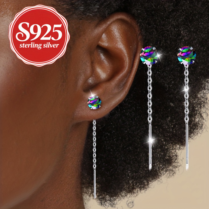 Image of A Pair, S925 Silver, Colorful Tassel Earrings With Synthetic Synthetic Zirconia, Beautiful Elegant Luxury High-end Style, Suitable For Women' And Festival Wear, Gift For , Hypoallergenic