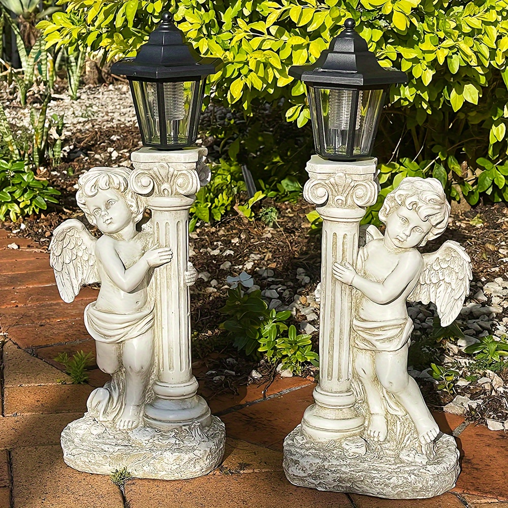 19.29-zoll-sonnenlicht-angel-außenskulptur,   römischer säulen-angel-gartenstatue, solar-außenleuchte-gartenlandschaftsdekoration (rechts, links)