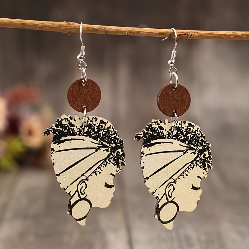 TEMU 1 Paire de Boucles d'Oreilles Rétro Bohèmes Style Ethnique Portrait en Bois , Pile
