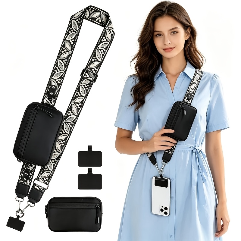 TEMU Cordon de téléphone Sac bandoulière Portefeuille détachable avec protection RFID. Cordon de téléphone réglable avec sangle florale brodée. Peut