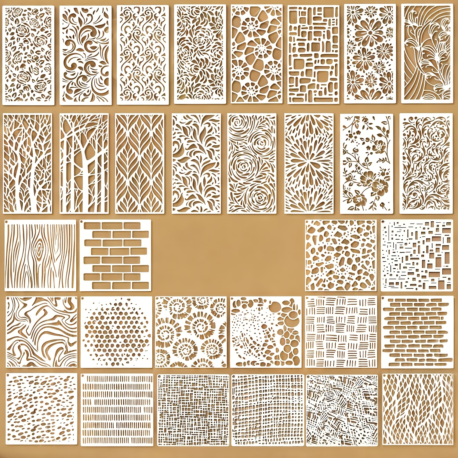 TEMU 32pcs Gabarits de peinture à texture florale, Gabarits de dessin ajourés réutilisables en PET, comprenant des de plantes, d'arbres, de , de , et