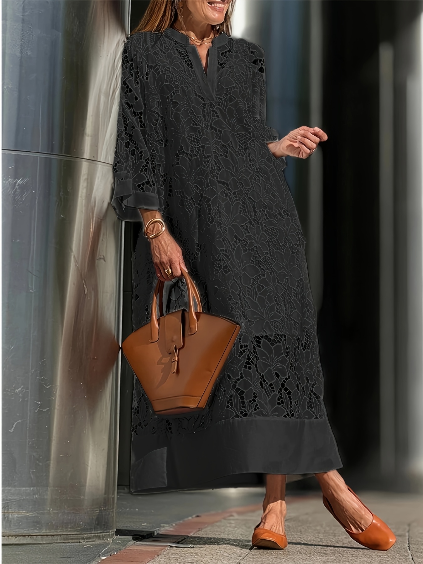women's elegant v neck long sleeve lace overlay dress flowy