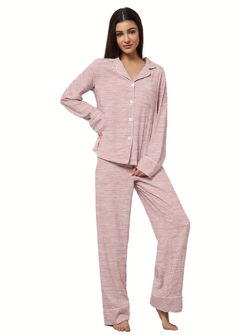 3 sets of 6pcs womens casual polyester solid color long sleeved top long pants sleepwear set fabric long sleeved lapel top with loose pants wear outside Product details 9