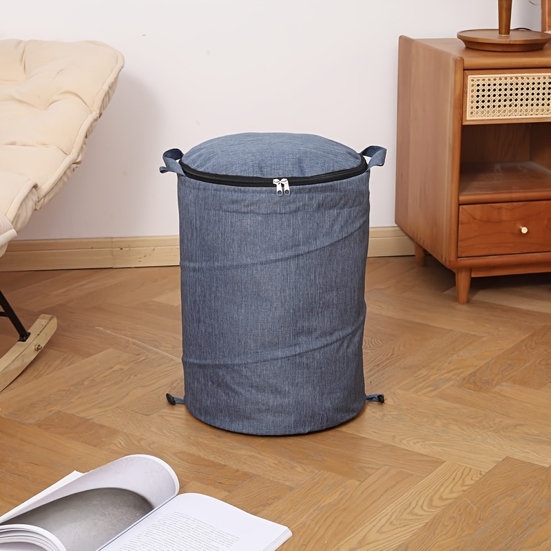 TEMU Panier à linge zippé POMPOM UP, panier de rangement sur pied en tissu cationique avec couvercle, panier de salle de bain multifonctionnel grande