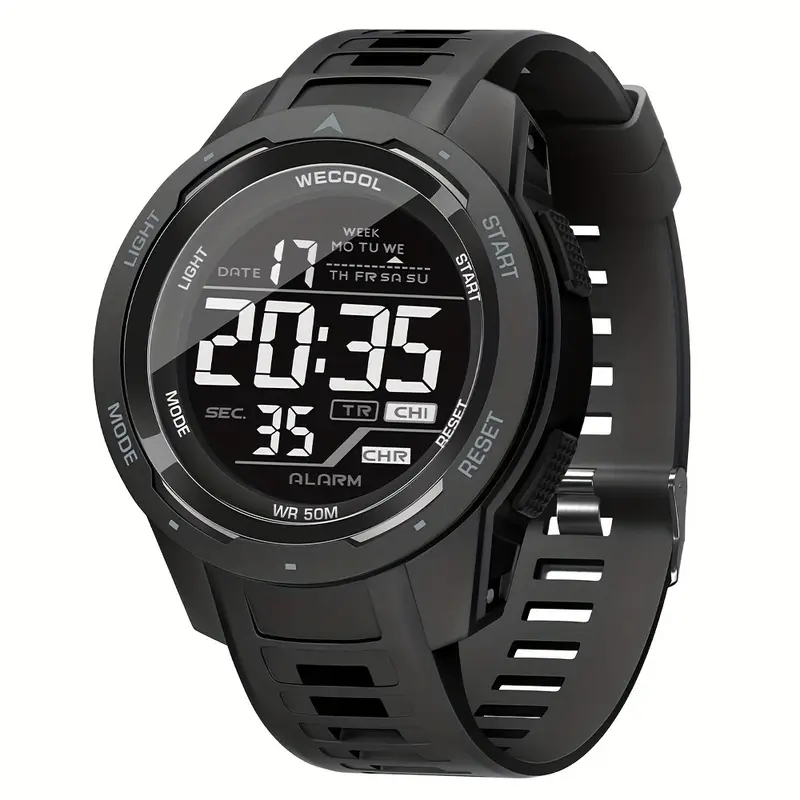 montre numérique de sport pour hommes avec chronomètre, led lumineuse, calendrier, alarme, résistante à leau jusquà 50 m, boîtier en plastique rond, bracelet en tpu, mouvement électronique, alimentée par batterie 3