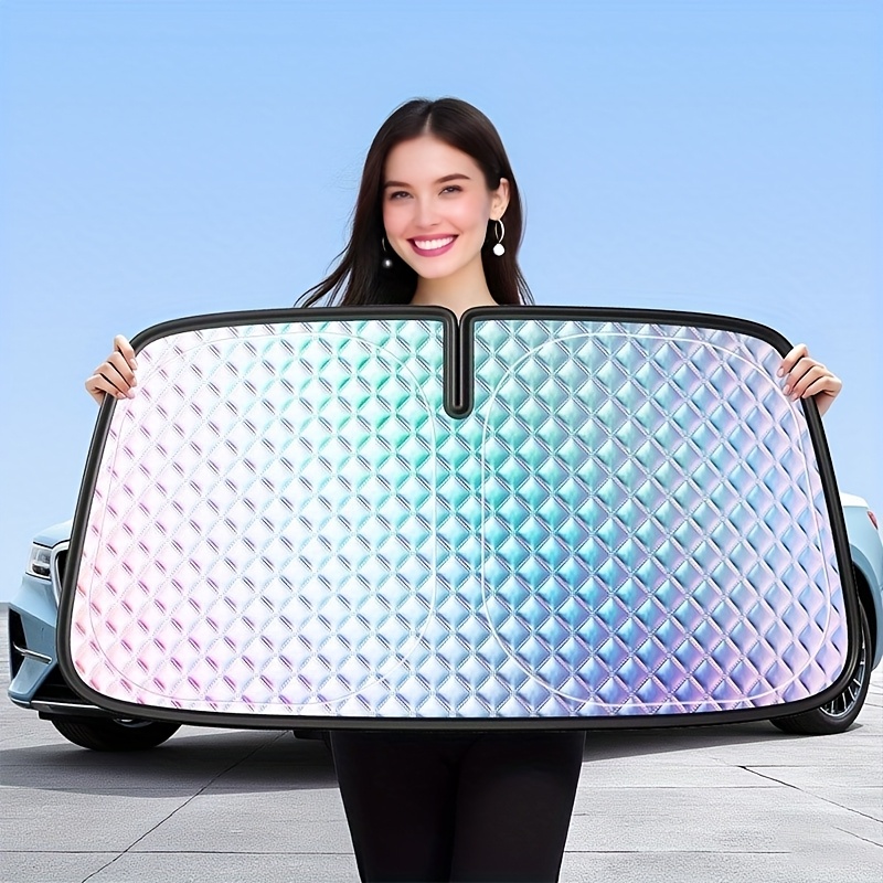 1pc car windshield sunshade foldable uv protection heat shield with iridescent diamond pattern portable sun cover for most vehicles   car interior accessories windshield   iridescent design durable  