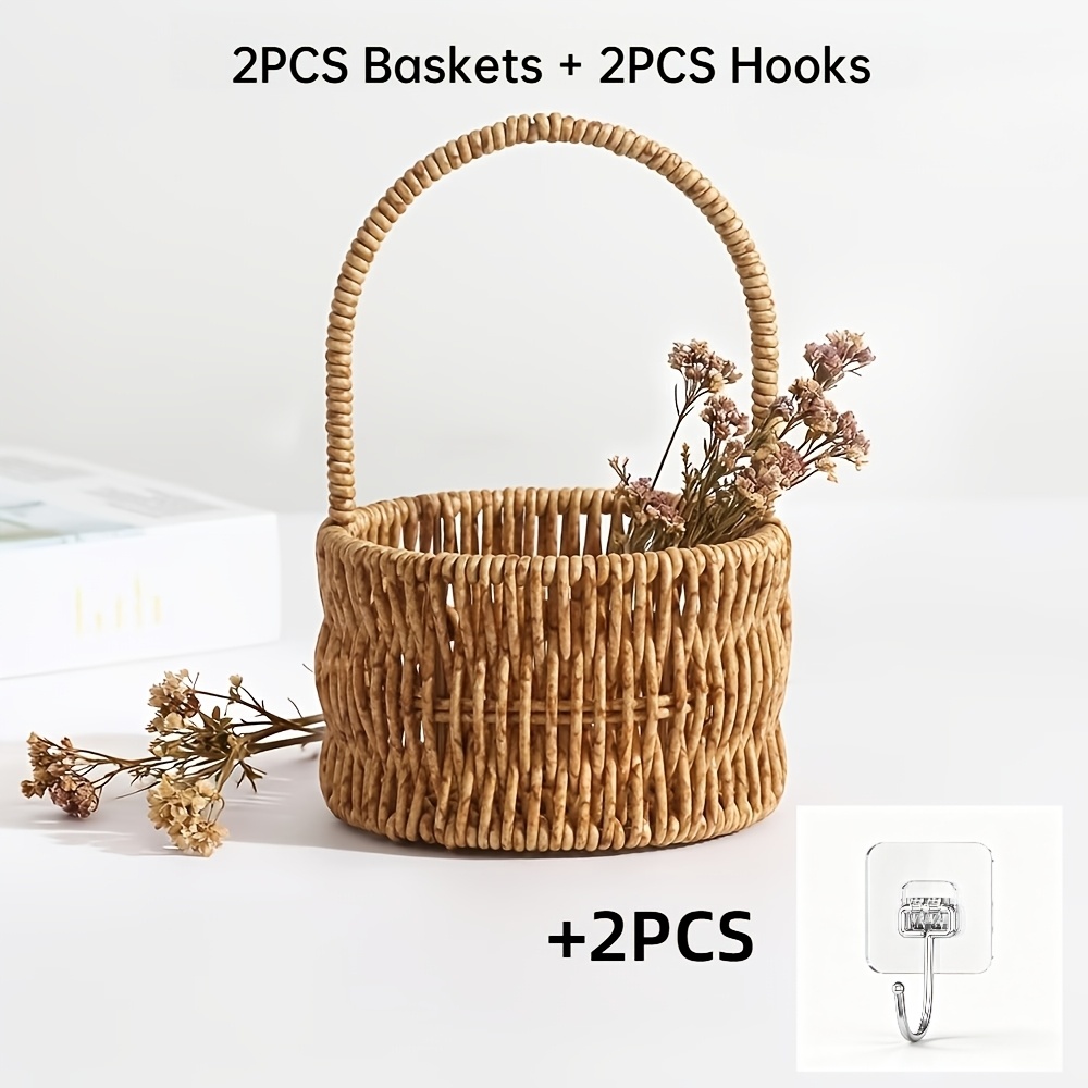 TEMU 2pcs Baskets And 2pcs Hooks Mini Rattan-like Woven Basket, Living Room Storage Basket, Gift Basket, Shelf Baskets
