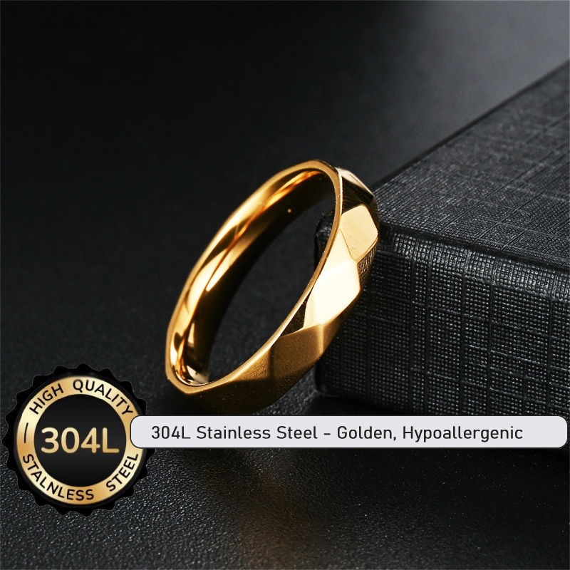 TEMU 1pc 18k Golden Plated Aesthetic Rings, Hypoallergenic Golden Stainless Steel Rings 4mm Band Promise Jewelry