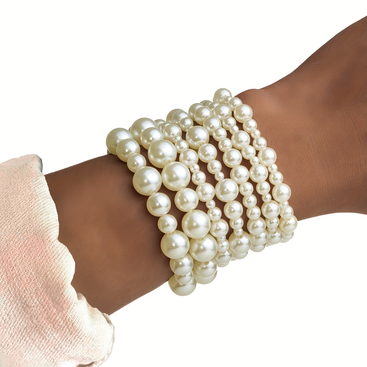 TEMU 7pcs Women's Elegant Layered Beaded Bracelet Set - & Clear Beads, Mixed Sizes For Daily Wear, Weddings, Parties