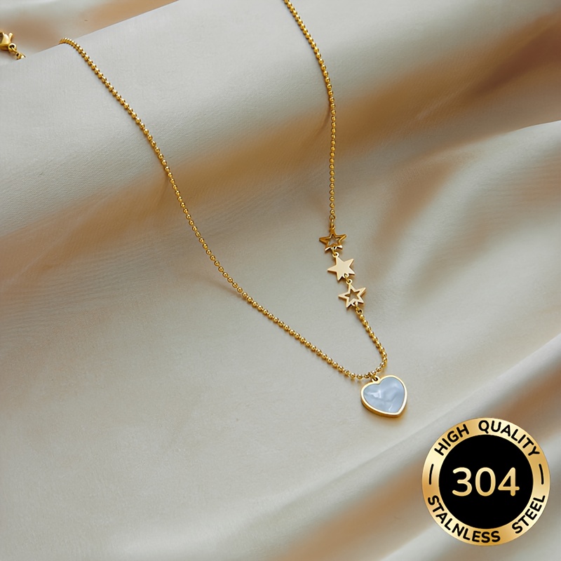 TEMU Fashionable Elegant And Exquisite Golden Stainless Steel Necklace With Heart-shaped Decoration Pendant Suitable For Women To Wear Light Luxury