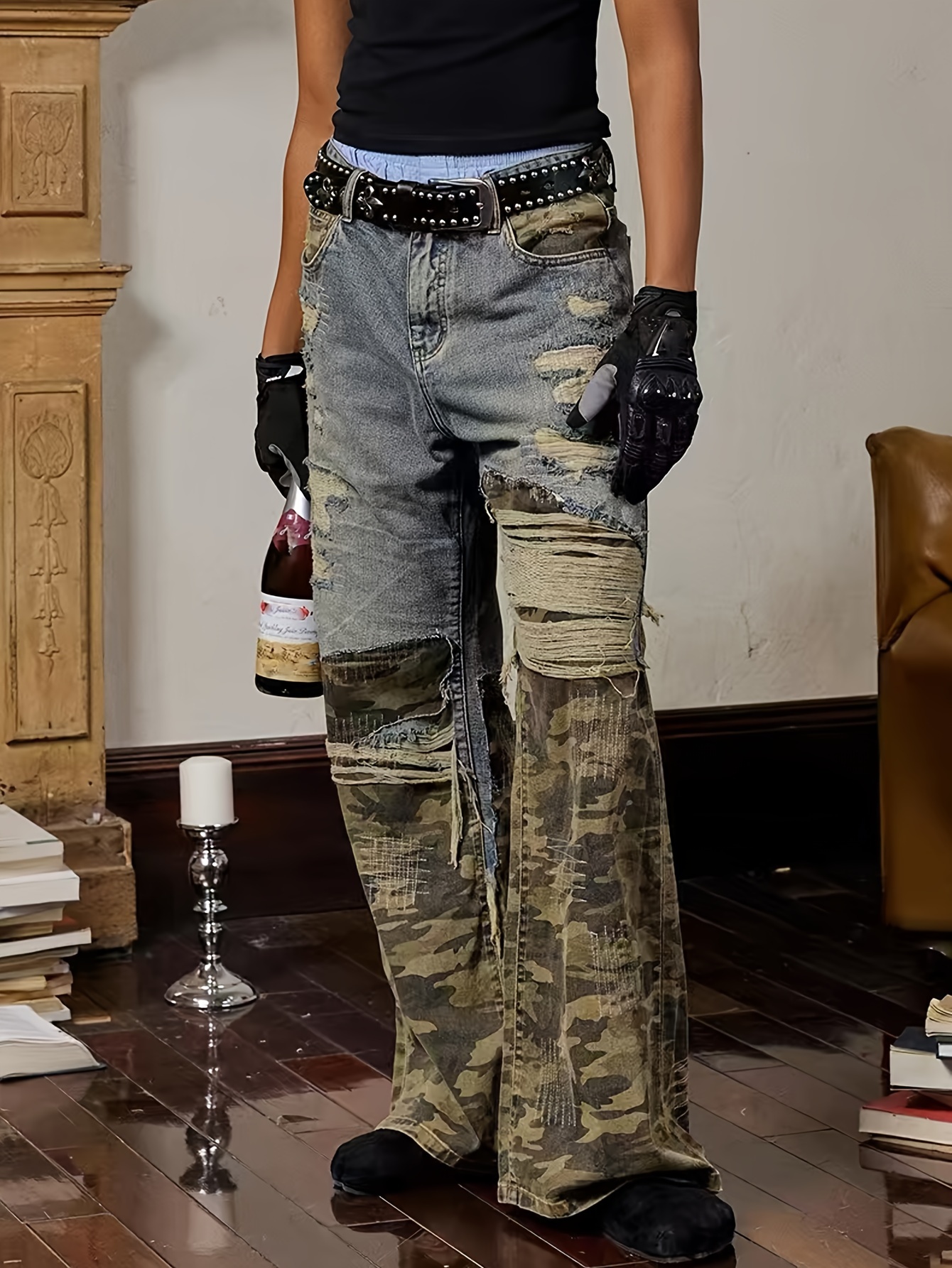 s heavy distressed camouflage bell bottom jeans wide leg Temu