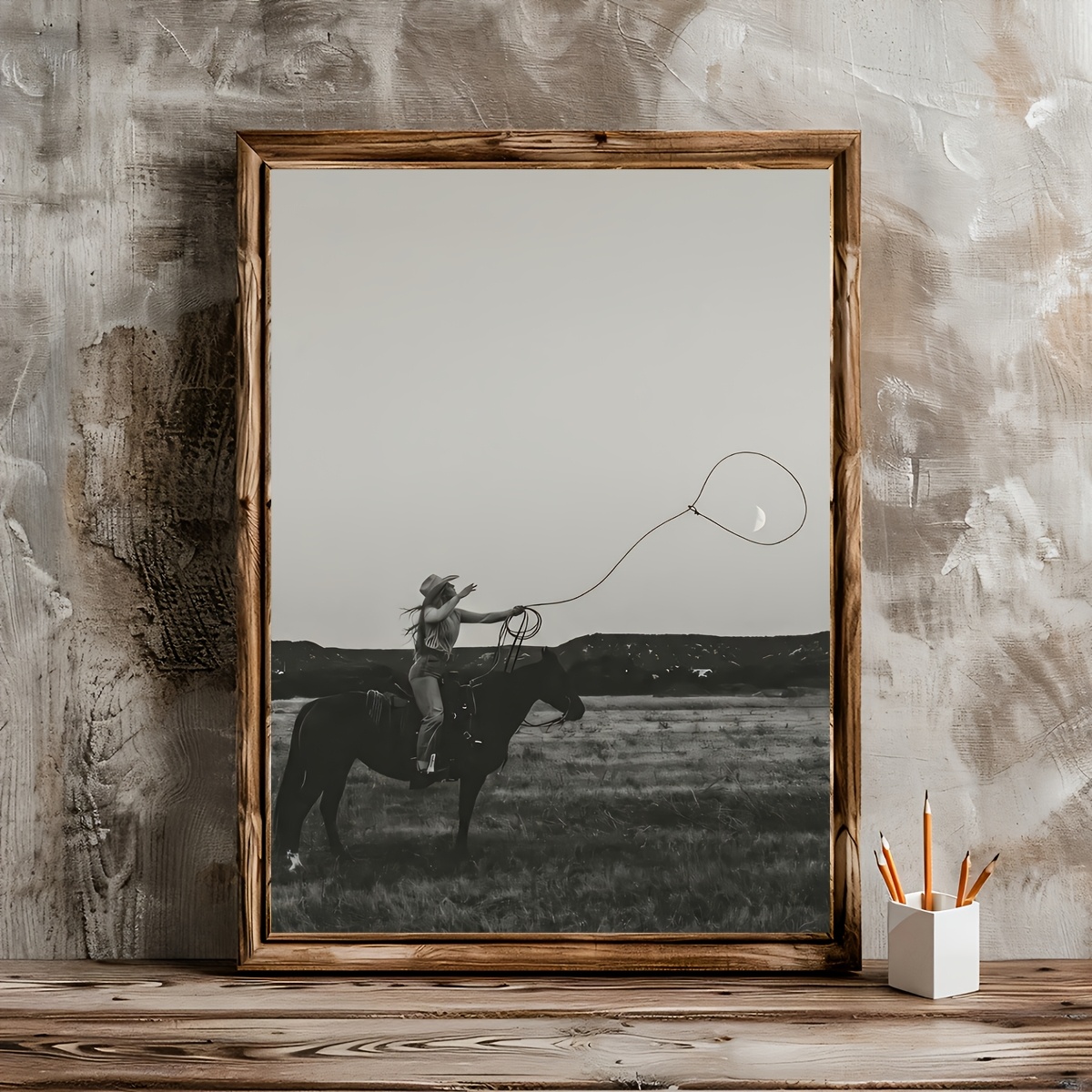 TEMU 2d Flat, 1pc Frameless Western Cowboy Moon Poster - Black & White Wall Art Suitable For Living Room, Bedroom, Kitchen Decor, Canvas Painting,