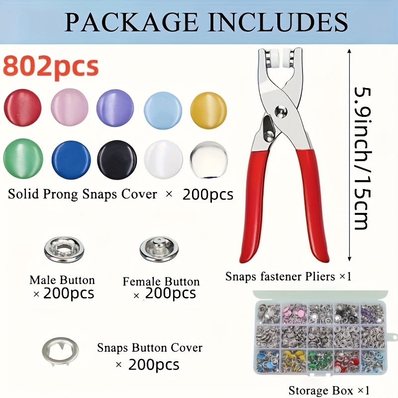 E-shop 802-teiliges Metall-Schnappverschluss-Set mit Handzange - Mehrfarbig, Nahtfreies Crimpen, Geeignet für Nähen, Basteln, Kleidung, Hüte und -