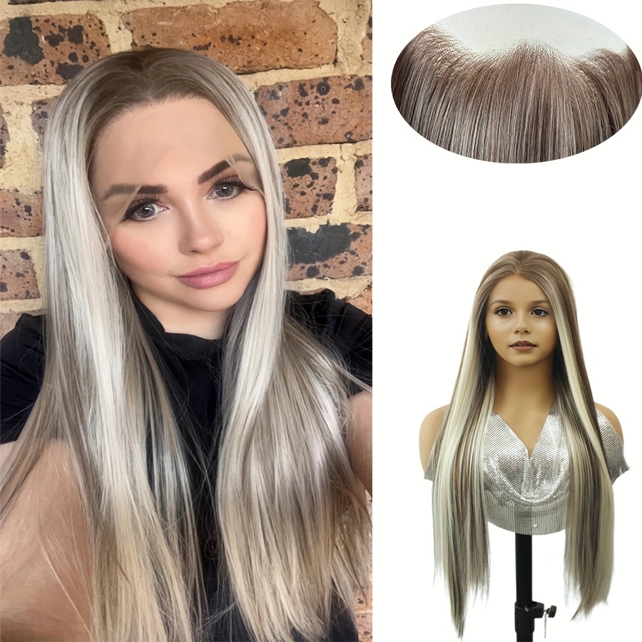 

Ombre Blonde Straight Wig Mixed Brown And Blonde Color Lace Front Wigs For Women Highlight Synthetic Wig 13x4 Lace Front Wigs 150 Density 24 Inches