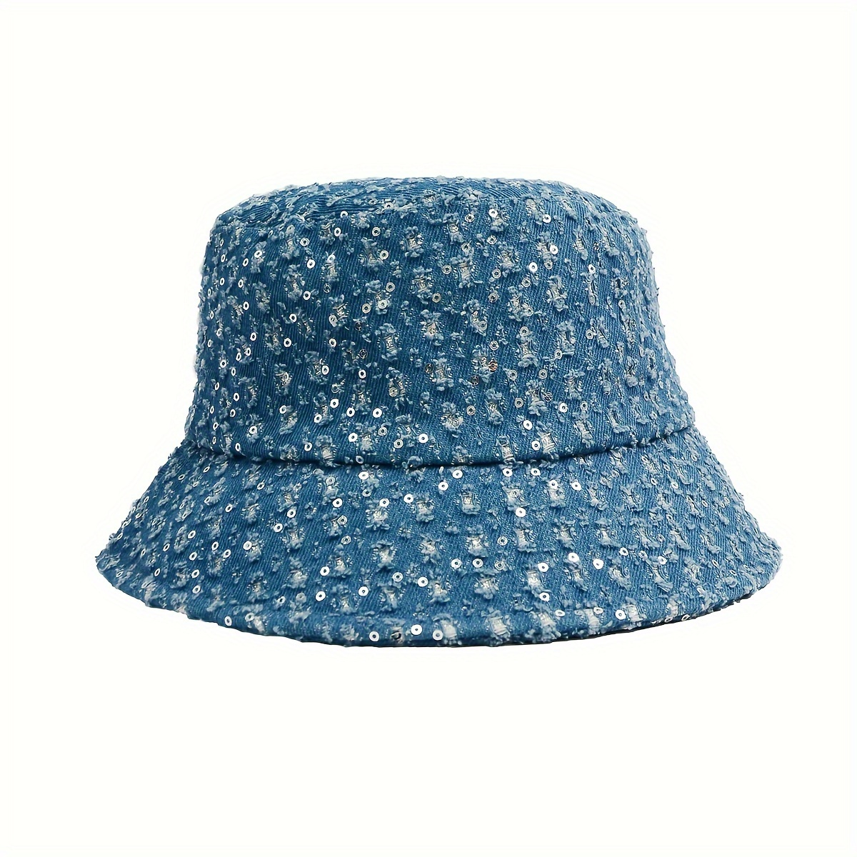 womens distressed sequin denim bucket hat foldable sun  display picture 1