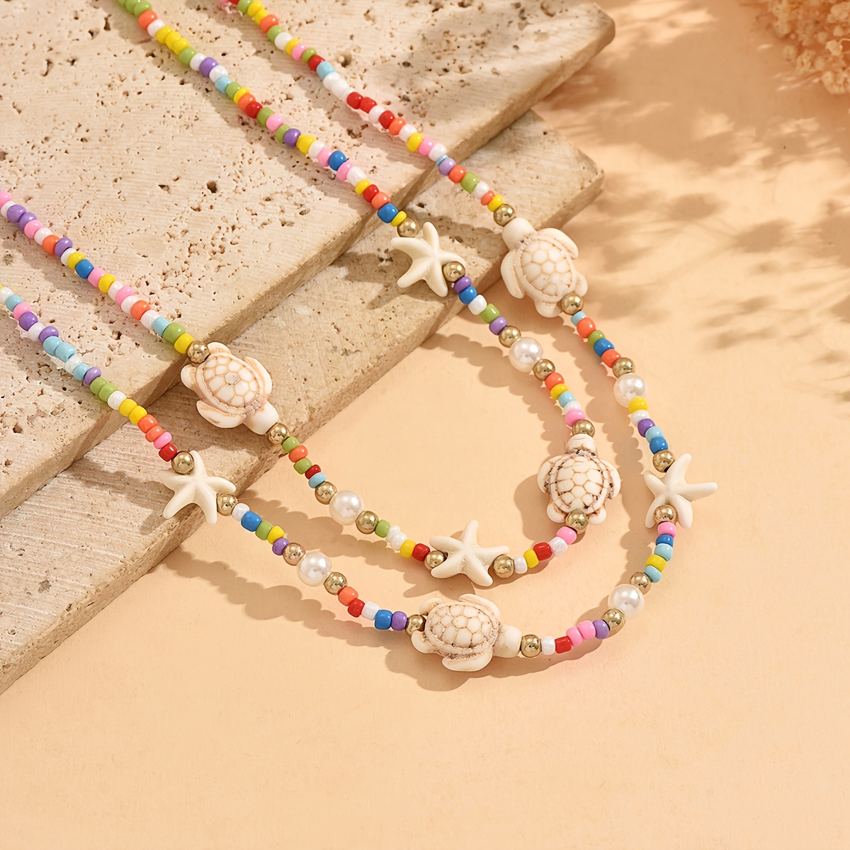 TEMU 2pcs -style Necklace Set, With Colorful Rice Beads, Featuring And Starfish Accents. A Cute Beaded Choker, Trendy Women's Neck Jewelry, Daily