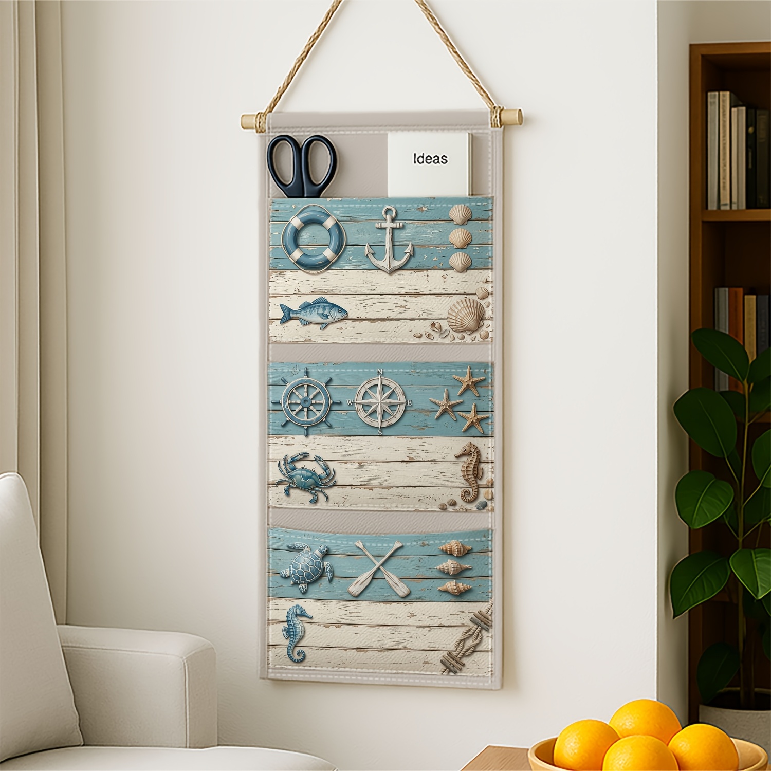 TEMU 1pc Coastal Nautical Rustic Wall Hanging Storage Organizer With 3 Pockets, Anchor Starfish Shell Hanging Wall Shelf For Bedroom, Multi-use Door