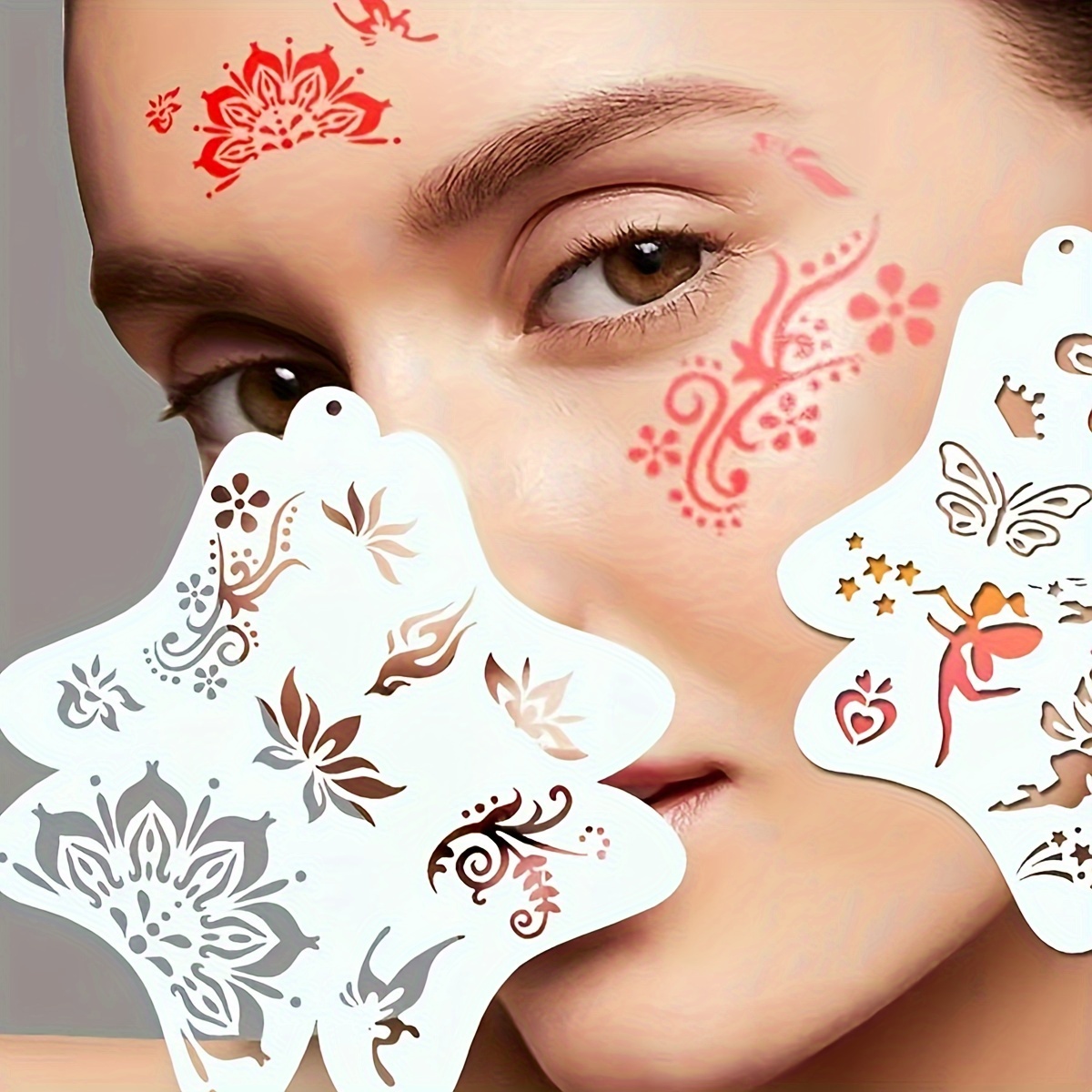 

8pcs Vintage Floral & Totem Stencil Set For Facial Makeup - Pet, White - Ideal For Stage