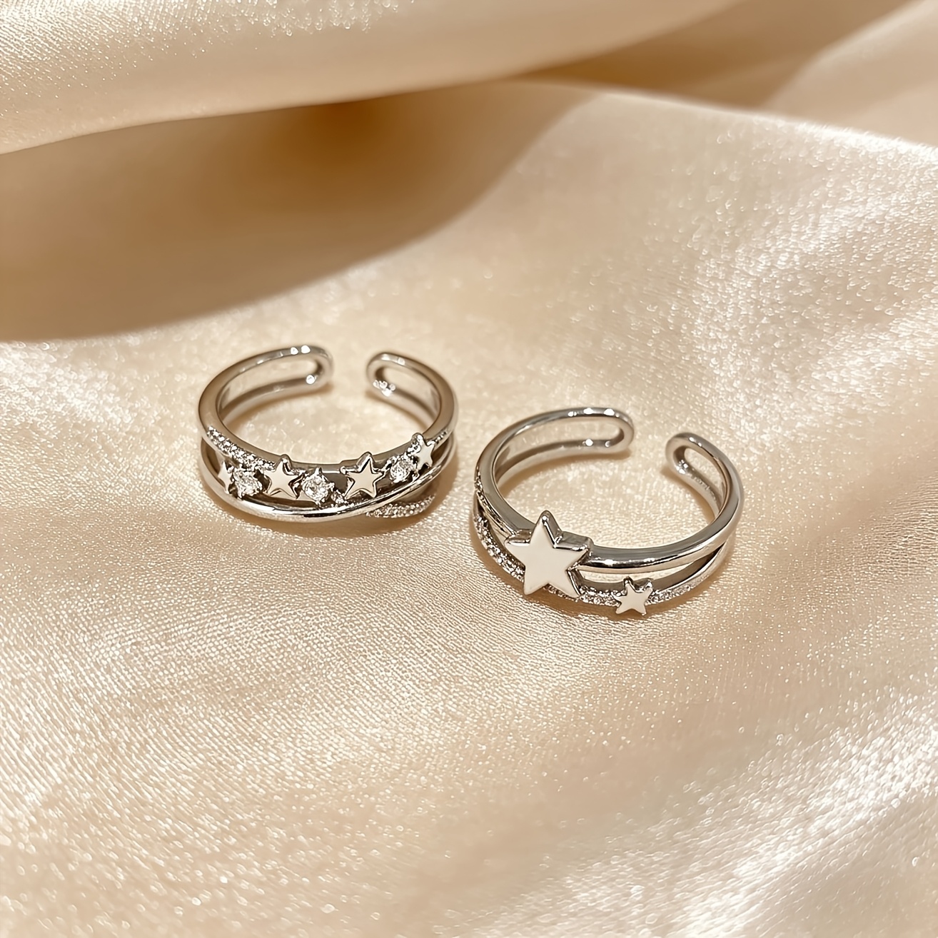 TEMU Women'-layer Star Inlaid Synthetic Zirconia Adjustable Open Double Coin Ring, Twisted Stackable Index Finger Band, Ins Niche Light Luxury 304